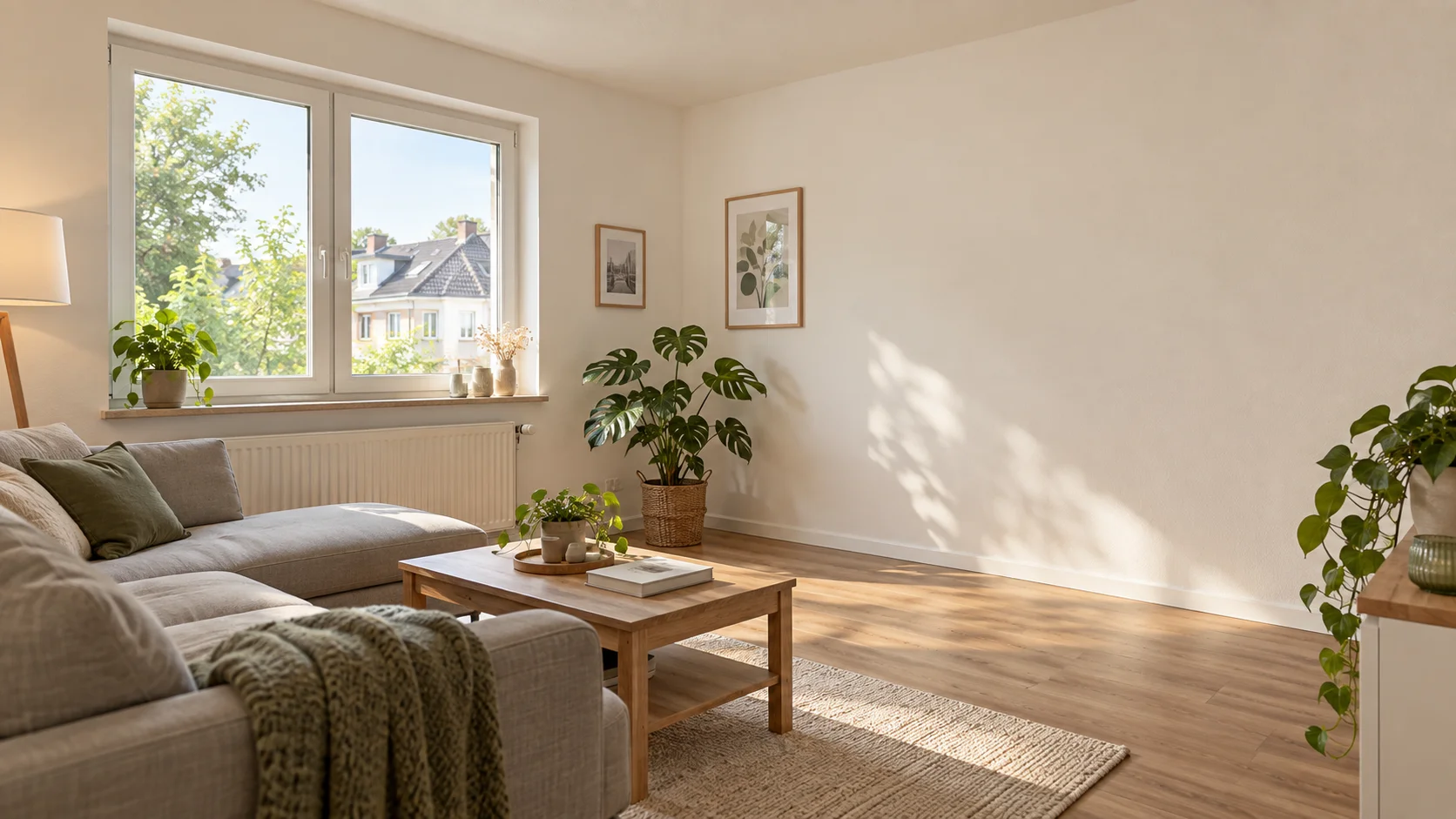 Illustratives Raummotiv mit hellen Wänden, warmem Holzboden und Tageslicht